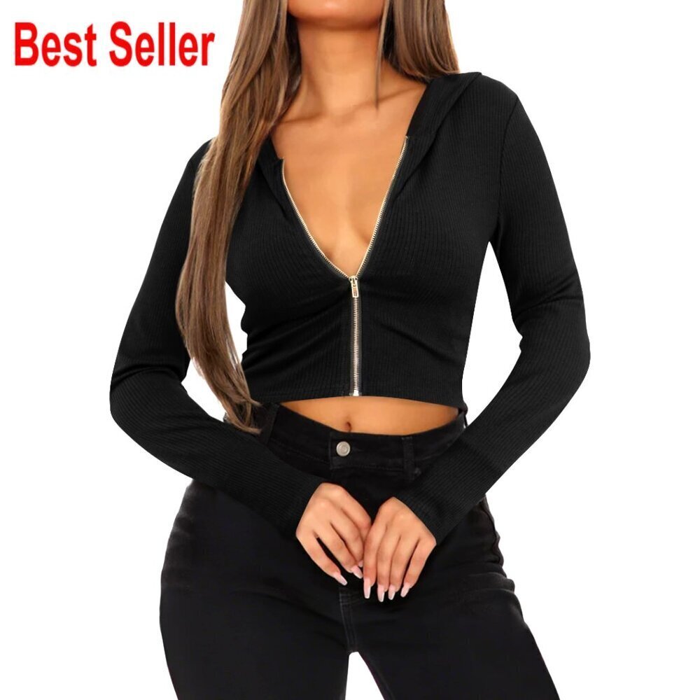 Cropped Ribbed Zip Hoodie, Long Sleeve, Polyester Blend, Casual Wear